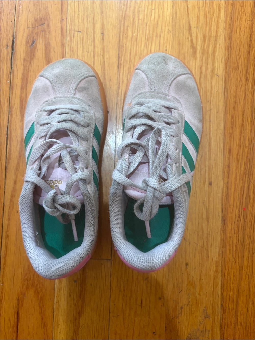 adidas kids Pink Suede Sneakers with Green Stripes